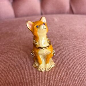 Jeweled Orange Kitty Trinket Box – Enamel Rhinestone Puppy Hinged Keepsake